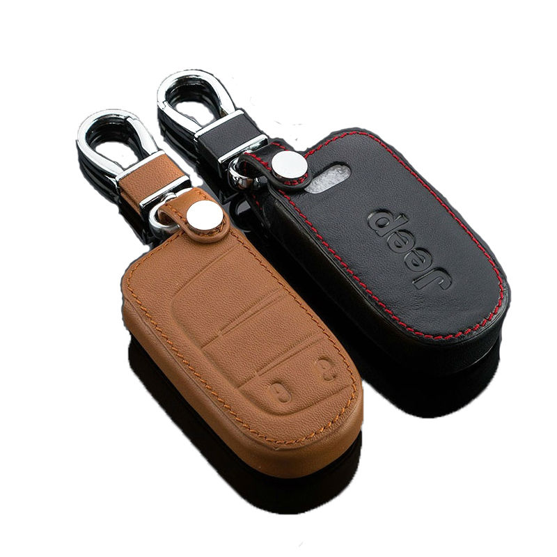 Genuine Leather Car Keychain Key Fob Case Cover For Jeep 2014 Cherokee Grand Cherokee Wrangler 3750