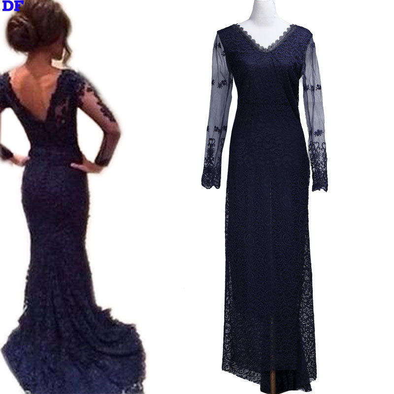 Lace Vestidos Long Sleeve Lace Evening Party Dresses 2015 Women Long Maxi Dress V-Neck Elegant Wedding Party Dresses Vestidos XL