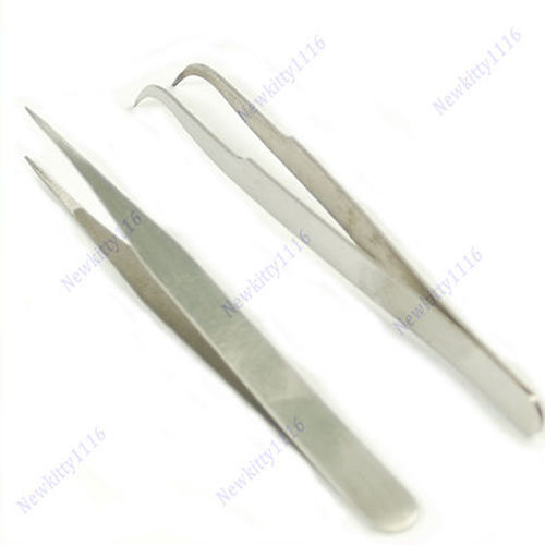 Free Shipping 2 x Nail Art Stainless Steel Curved Straight Tweezers