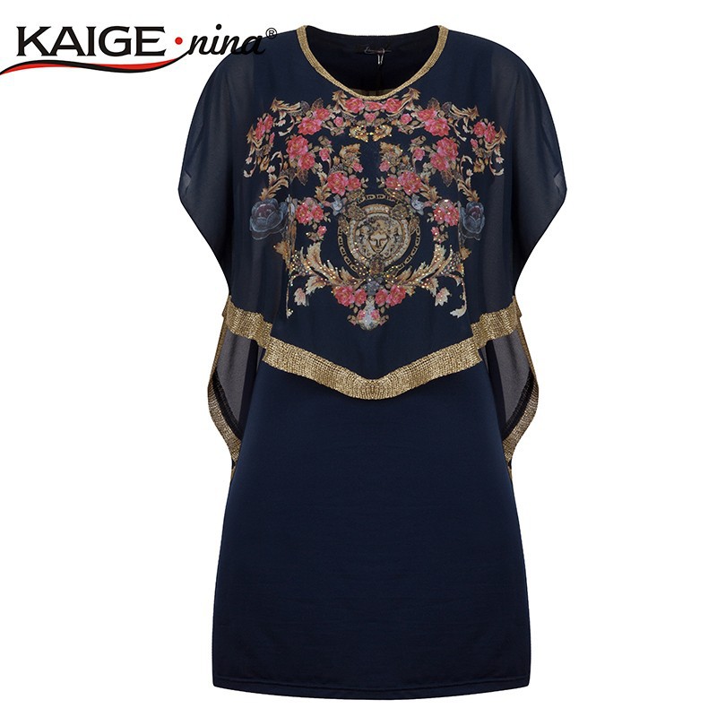 New 2015 Summer Style Women Vintage Dress Diamonds Detor Floral Print Casual Loose Chiffon Dresses Vestidos Large Plus Sizes