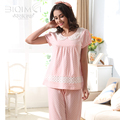 Summer Cotton Pajamas Lace Round Neck Women Pajama Sets Polka Dot Sleep Lounge Pyjamas Short Sleeve