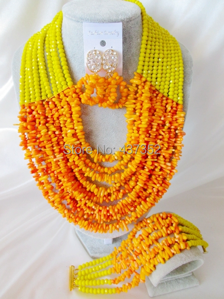 2014 New Lemon Yellow and Orange Party Nigerian Wedding African Coral  Beads Jewelry Set Free Shipping CPS3706