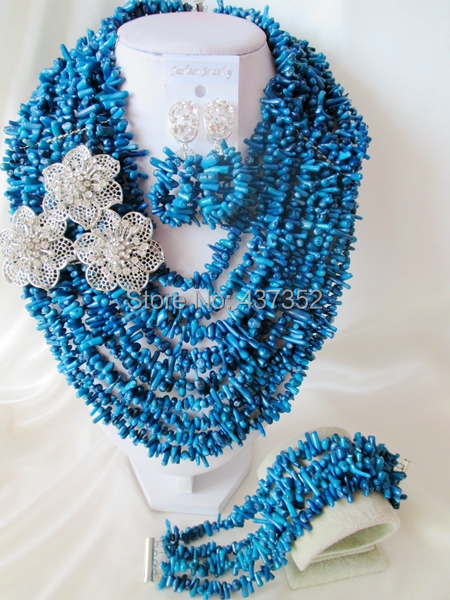 Fabulous Nigerian Wedding Coral Beads African Jewelry Set Navy blue Necklace Bracelet Earrings Set Free Shipping CWS-565