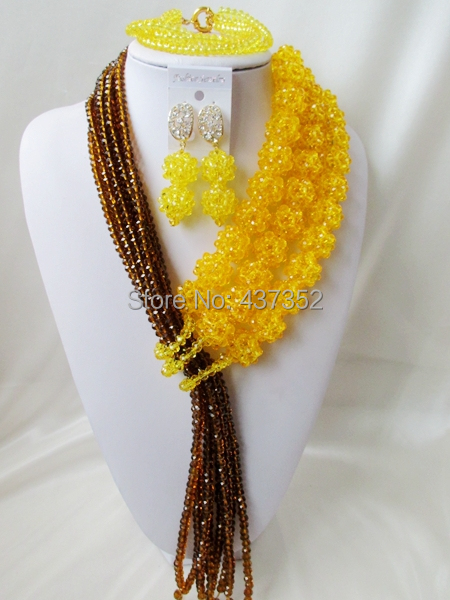 Amazing Yellow Brown Crystal Costume Necklaces Nigerian Wedding African Beads Jewelry Set 2015 Free shipping NC1097