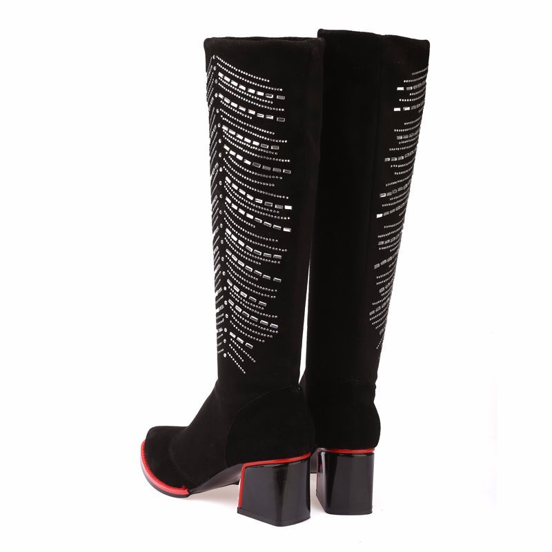 Winter Women Knee High Boots Sexy Ladies Genuine Leather Thick Heels