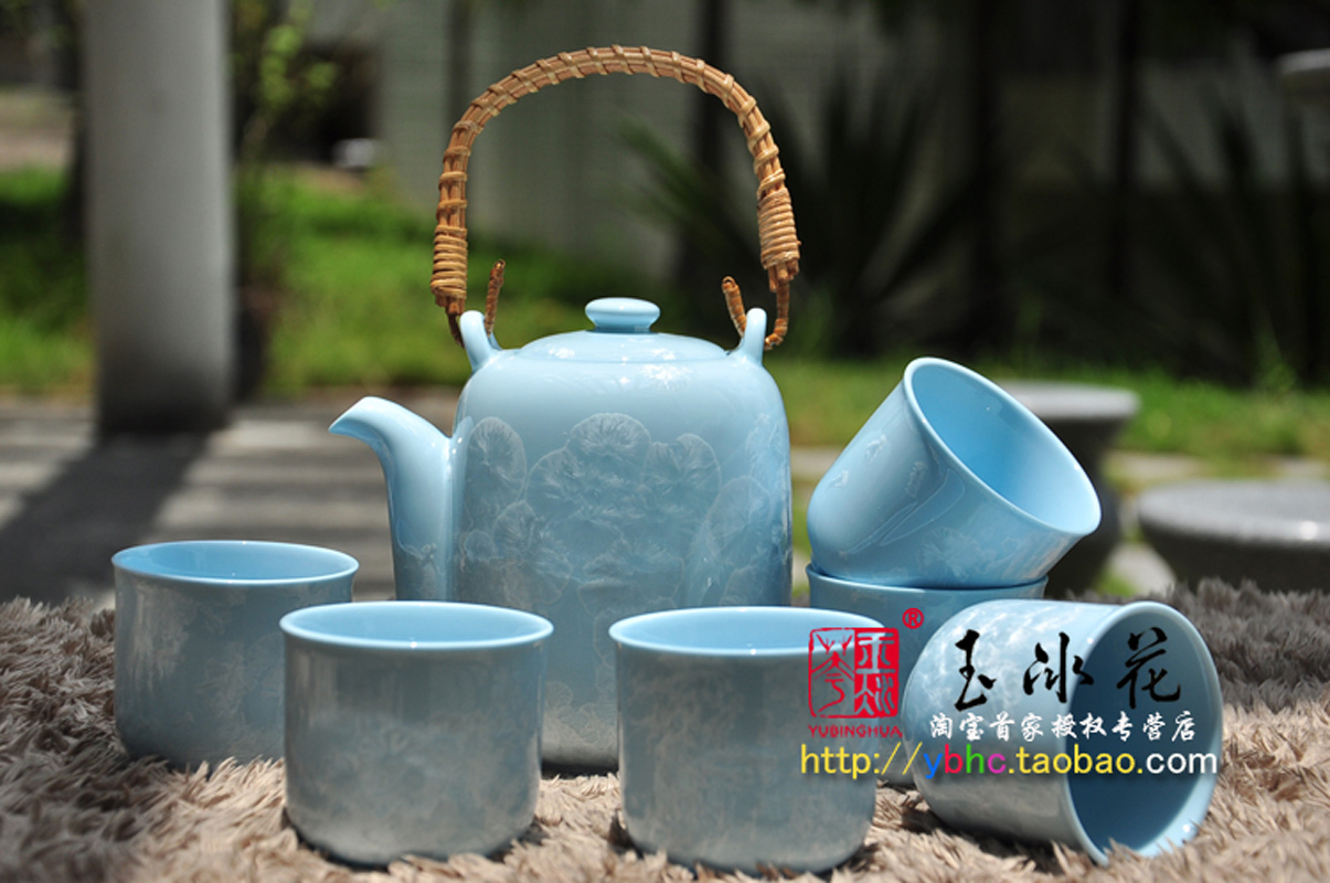 Jade ice flower porcelain chinese style mentioning beam pot tea set 7 Blue