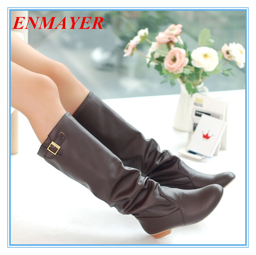ENMAYER new  women Knee-High Motorcycle boots Round Toe Knight Boots Buckle Winter boots for women Med snow boots big size