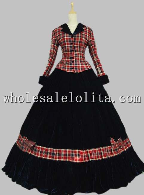Pink Civil War Ball Gown Dress font b Tartan b font Velvet Reenactment Clothing Theatre Wear