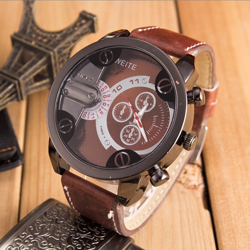 2015 High Quality Leather Strap Big Dial Military Quartz Men Watch Fashion Sports Casual Watch relogio