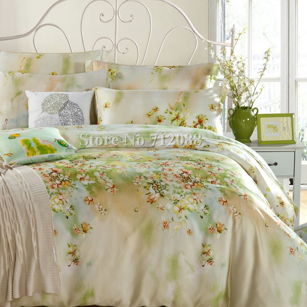 Free Shipping,luxurious Tencel 4pcs Full/Queen/King modern flower