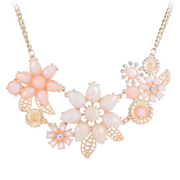 wholesale Fashion Pink Flower Necklace Elegant Women Gold Collier Jewelry Choker Bib Statement Collar Chain Pendant