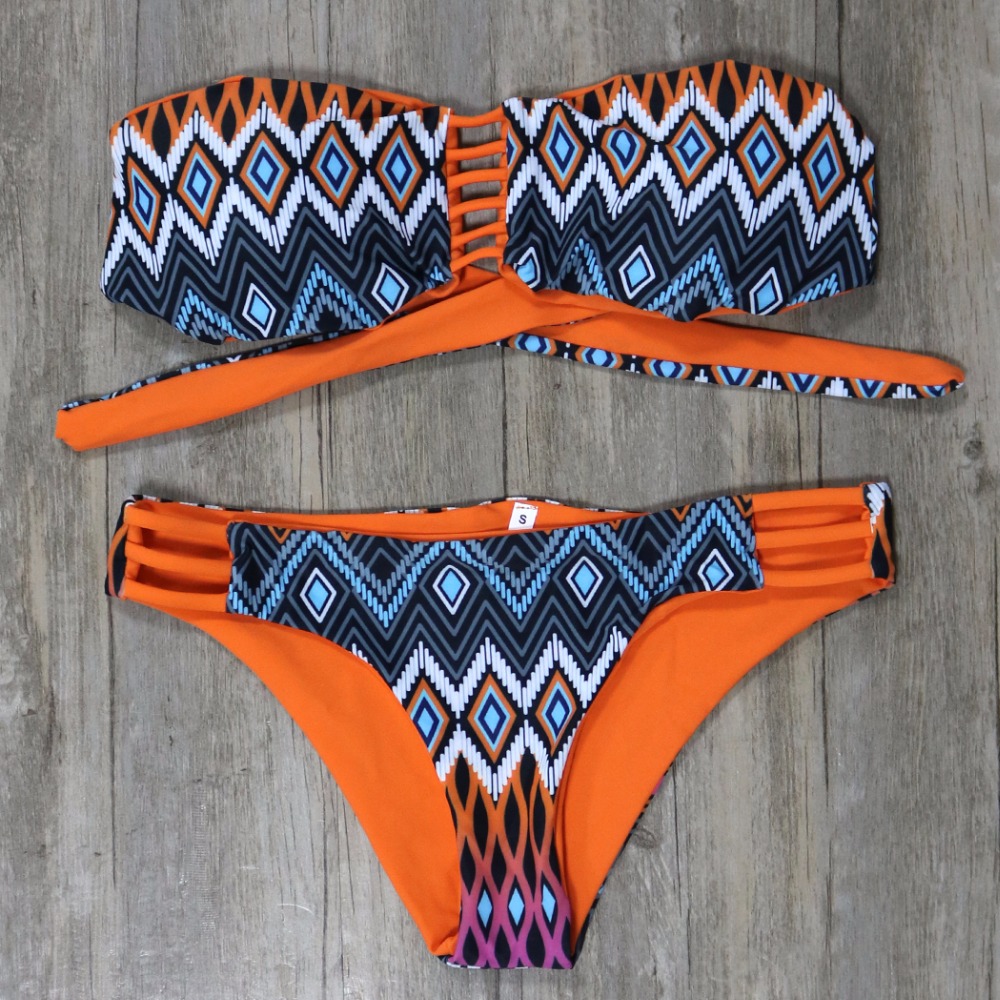 2016 Women Bandeau Bikini Reversible Print Swimsuit Strappy Swimwear Biquini Trikini Sexy Beach Wear Fashion Bathing Suit Set 2016 Women Bandeau Bikini Reversible Print Swimsuit Strappy Swimwear Biquini Trikini Sexy Beach Wear Fashion Bathing Suit Set