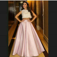 2016 Sexy Myriam Fares Pink O Neck Beaded Sleeveless Long Two Pieces Prom Dresses Evening Dress Special Occasion Gowns EV83