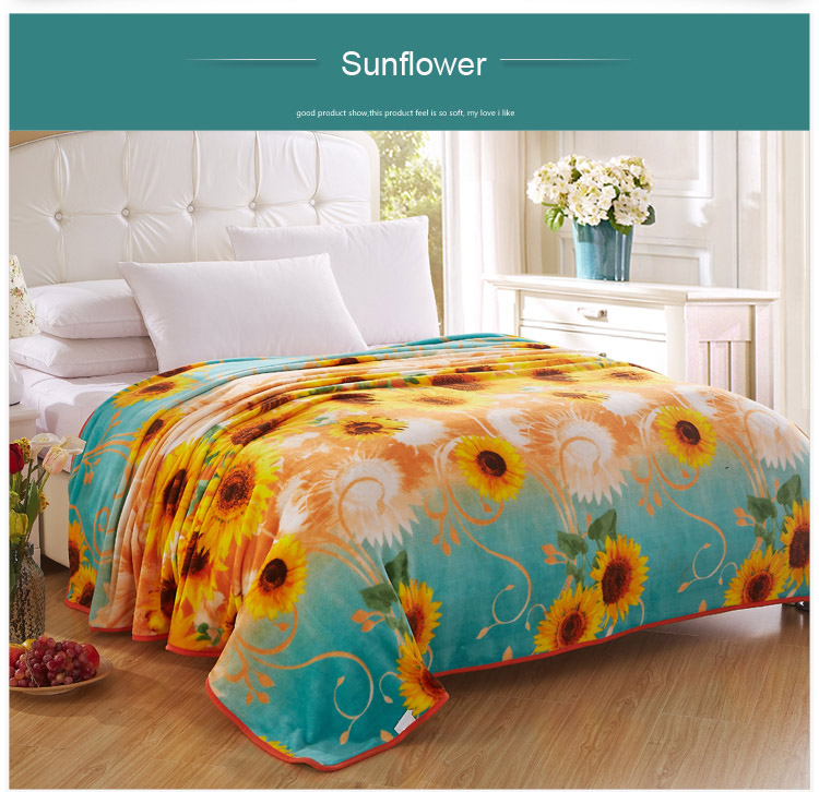 Chinese Bright Beautiful Sunflower Print Flannel Blanket Thicken Coral