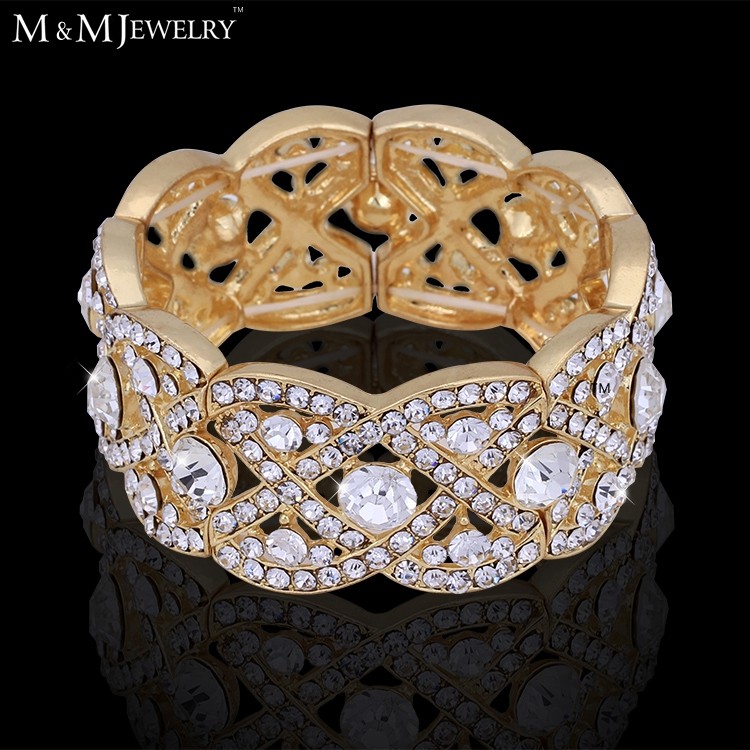 M&M Jewelry Austrian Crystal 14K Real Gold Plated Bangles Round Trendy Bracelets for Women Fashion Accessory SL053