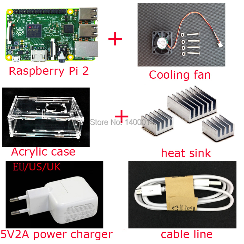 Hot!!RPI Kit Raspberry Pi 2 Model B +Cooling Fan+transparent Acrylic case+Heat Sink+5V2A Power Charger+Cable Line Free Shipping(China (Mainland))