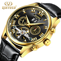 Kinyued Fashion Automatic Mechanical Watch Men Waterproof Skeleton Black Watches Leather Mens Gold Montre Erkek Mekanik