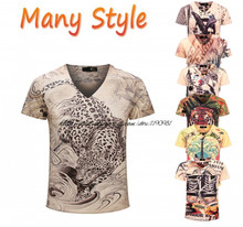 2015 New summer vintage short sleeve v neck 3d animal printed t shirt homme brand Leopard cotton men t-shirt Men’s Clothing 3XL