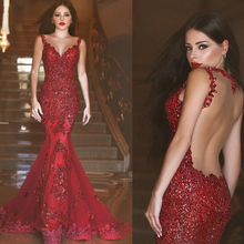 Arabic Red Lace Long Evening Dress 2016 V Neck Hollow Back Mermaid Formal Dresses Evening Gown Sequins Appliques Robe De Soiree