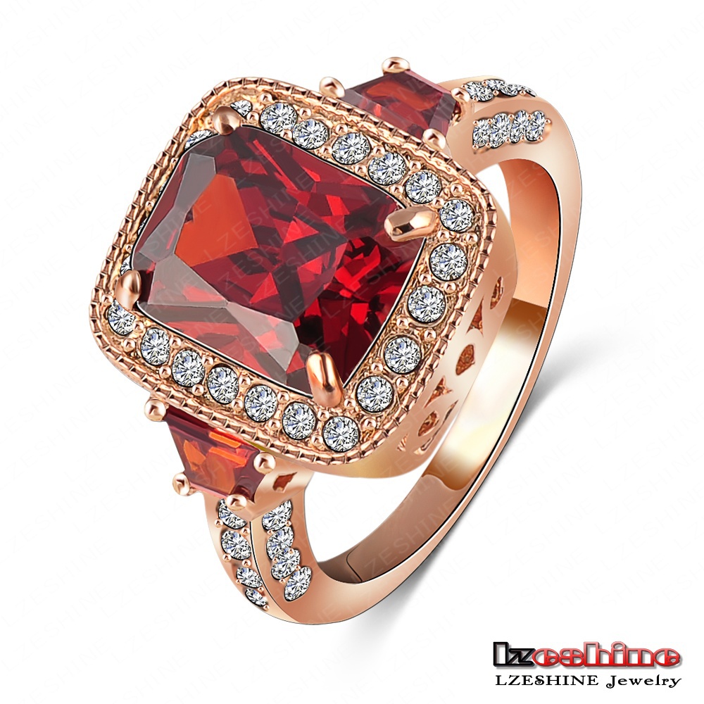 LZESHINE Vintage Red Square Stone Wedding Ring 18K Rose Gold Women Ring SWA Elements Free Shipping