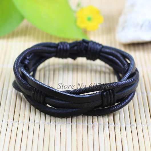 Wholesale Bangle 2pcs Fashion Jewelry Wrap Black Genuine Leather Bracelet Men with Braided Rope LZ28