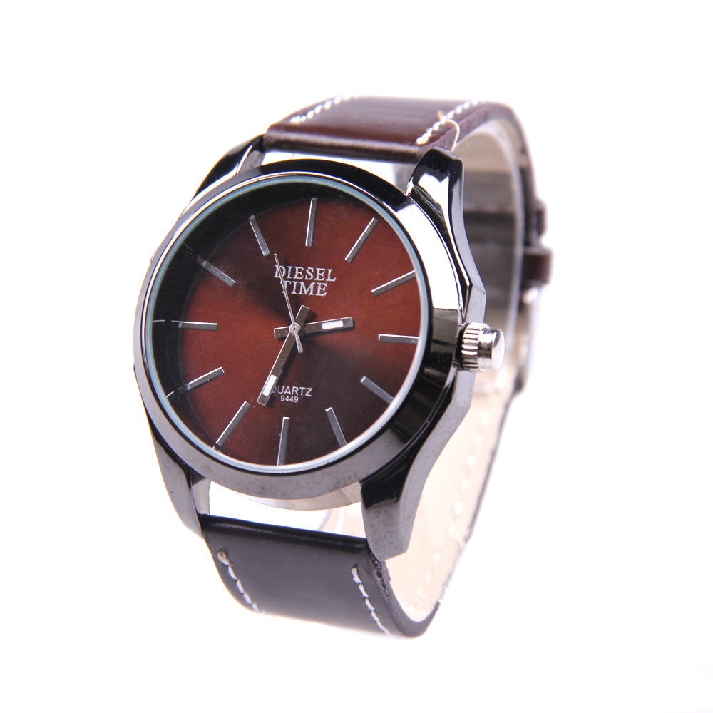 Fashion Men Quartz Wrist Watch Leather Band Stainless Steel Back Case Brown High Quality