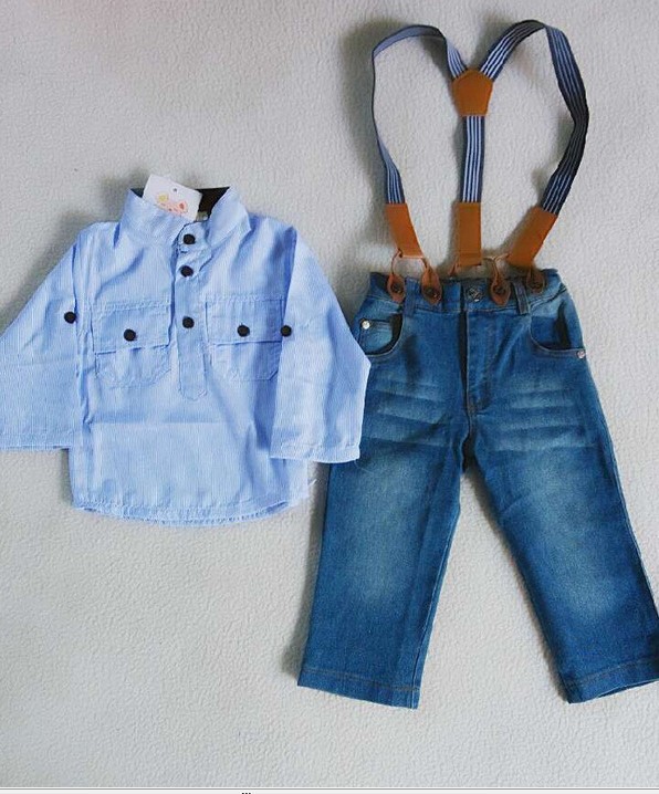 Wholesale -Summer children clothing baby outfits set Striped Shirt +Suspenders Denim Jeans Pants Children's Two Piece Set