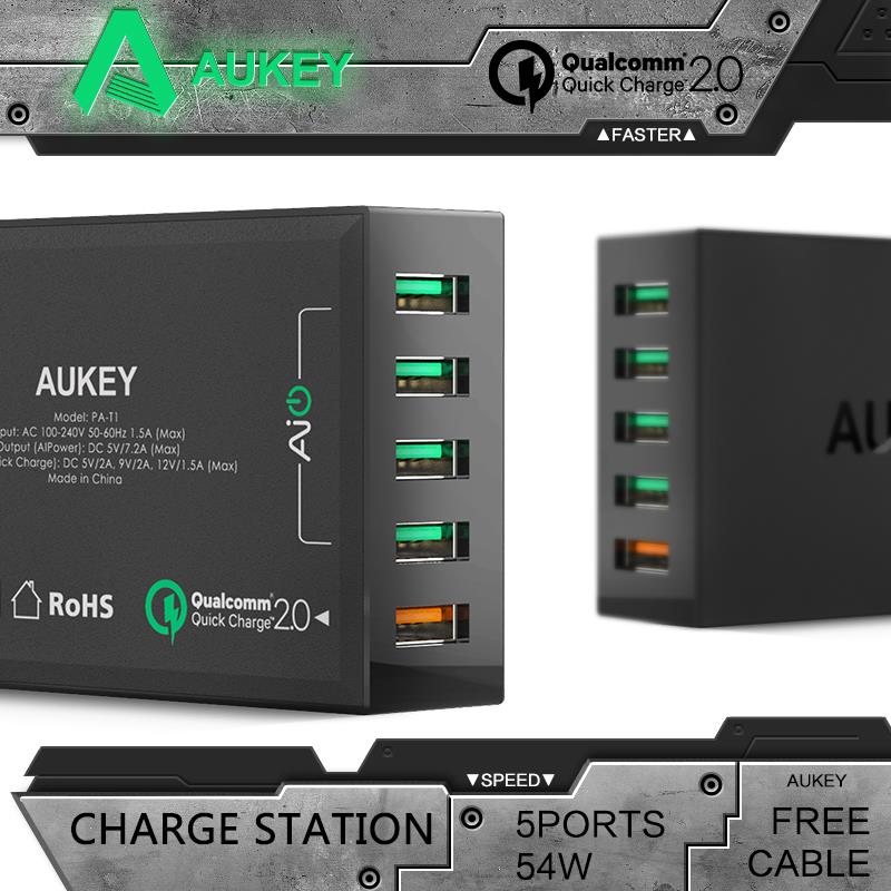 Aukey 54W 5 Port Quick Charger 2.0 USB Charger QC2.0 Wall Charging EU US Plug for Mobile Phone Travel Charger