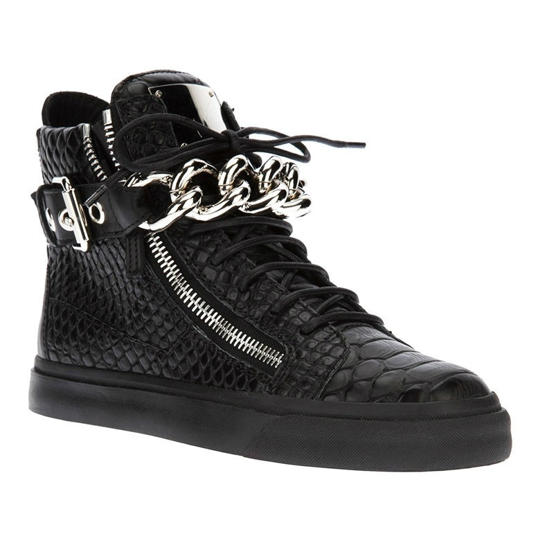 Hot selling men s shoes high shoes silver chain casual shoes brand sneakers crocodile pattern leather