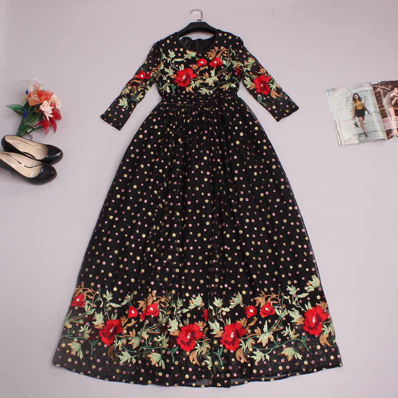 Vintage Dress 2015 New Autumn Full Sleeve Empire Dot Mesh Complicated Work Black Colour Ball Gown Style Embroidery Dress