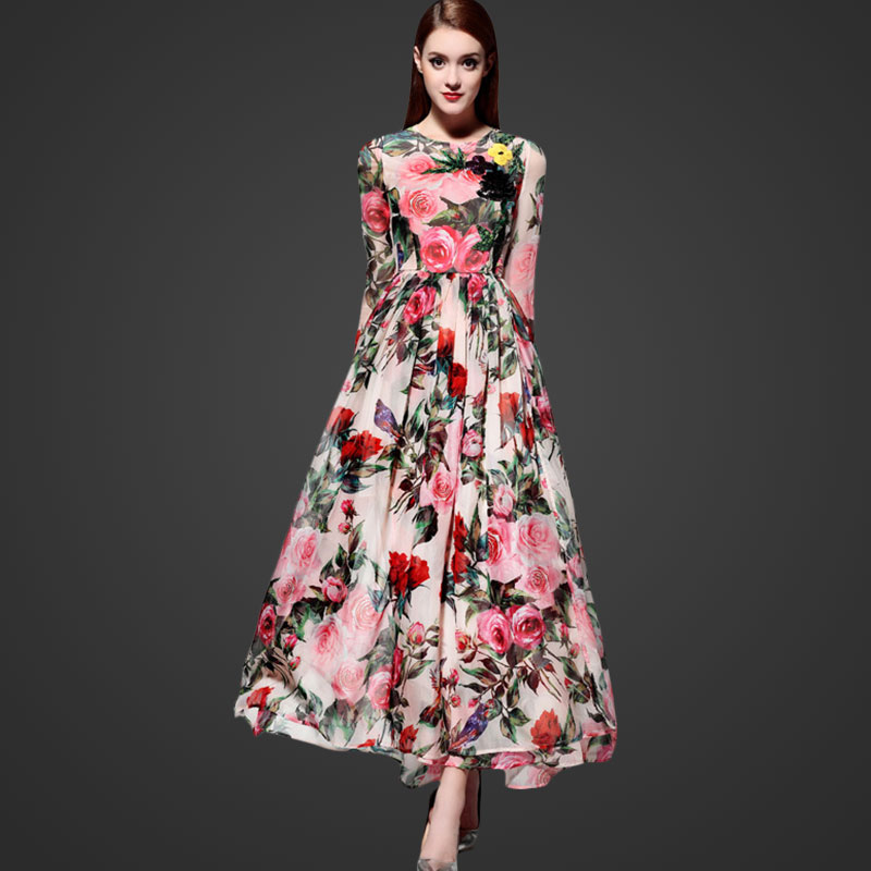 Fasicat 2016 New Women's Rose Print Ankle Dress Long Sleeve Evening Party dresses With Scarf A Line Pleated Long dress T6007