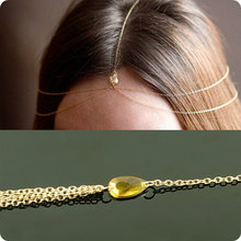 Fashion Women Bling Orange Water Drop Rhinestone Gold Metal BOHO Head Chain Headband Headpiece Wedding Hair Band Jewelry A00387