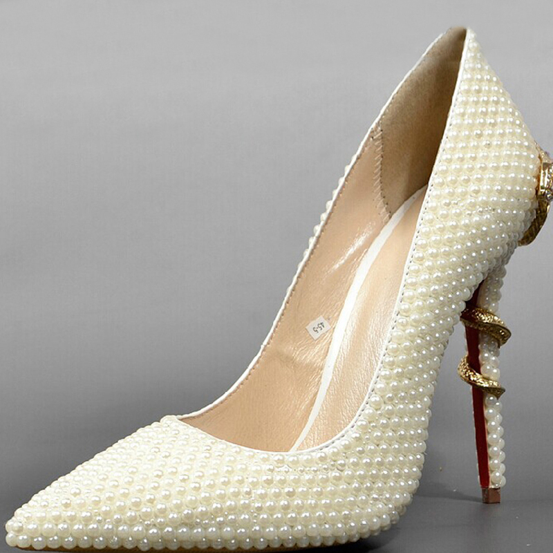 Pointed Toe Ivory Pearl Wedding Bridal Shoes Lady High Heels Sexy Woman Dress Shoes Prom High-heeled Shoes Dancing Fashion Shoes