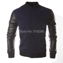 New Men 2015 Sweater PU Leather Collar Sweater Personalized Baseball Stitching Clothes Man Jacket Plus Size
