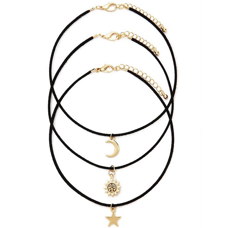 Black Choker Necklaces with Pendants - Moon, Star, Sun