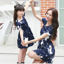 2016 new mother and daughter clothes kids girl cartoon dress family matching outfits dark blue short sleeve women summer dress