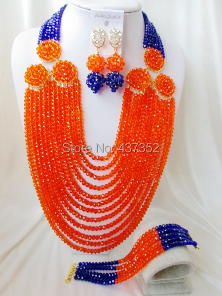 2015 New Arrived! Royal blue orange costume nigerian wedding african beads jewelry sets crystal beads necklaces NC2184