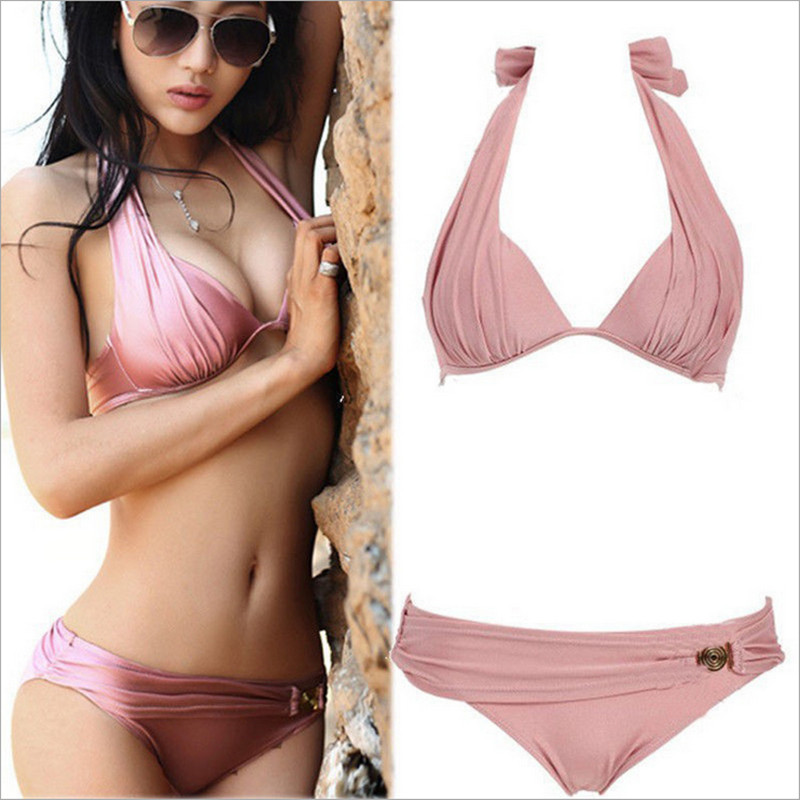 2016 Newest Sexy Bikinis Women Swimsuit Low Waisted Bathing Fleshcolor Suits Swim Halter Top Push Up Bikini Set Swimwear BJ082