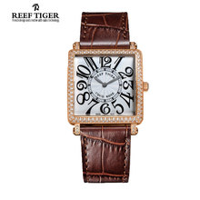 Reef Tiger/RT Fashion Casual Watches Rose Gold Square Watches with Diamonds Arbic Numeral Leather Strap Watch for Women RGA173