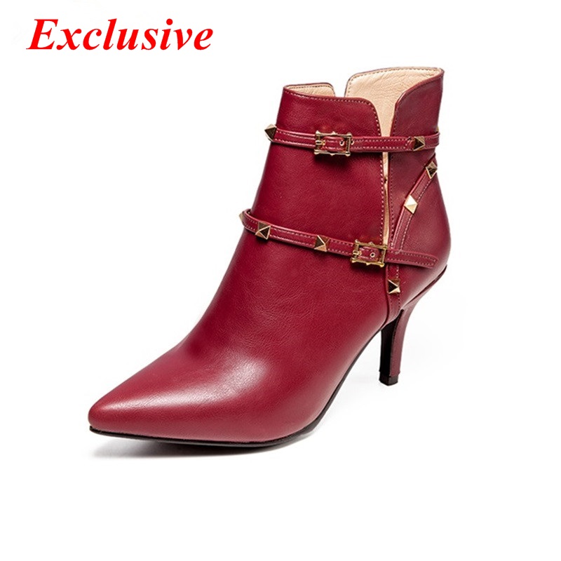2015 Autumn winter Rivet belt buckle Pointed Toe Thin Heels Gray burgundy Comfort Leisure Wild section Fashion woman ankle boots
