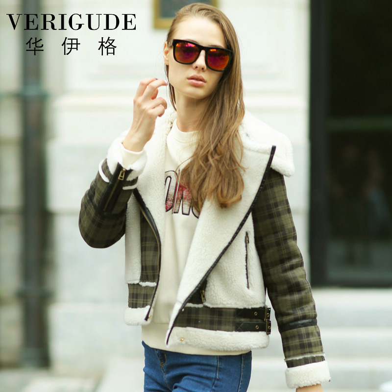 Veri Gude Winter 2014 New Women's Faux Fur Lining Fashion Plaid Pattern Leather Jacket