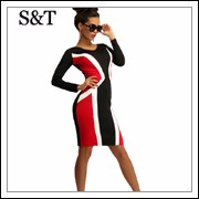 Women-Dress-Vintage-Patchwork-Red-Dresses-Bodycon-Sexy-Long-Sleeve-Office-Work-Casual-Womens-Clothing-Plus