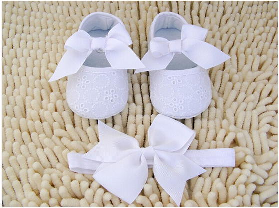 Ivory White Bowknot Baby Girl Lace Shoes set baby Booties hair accessories Shoes and headband set