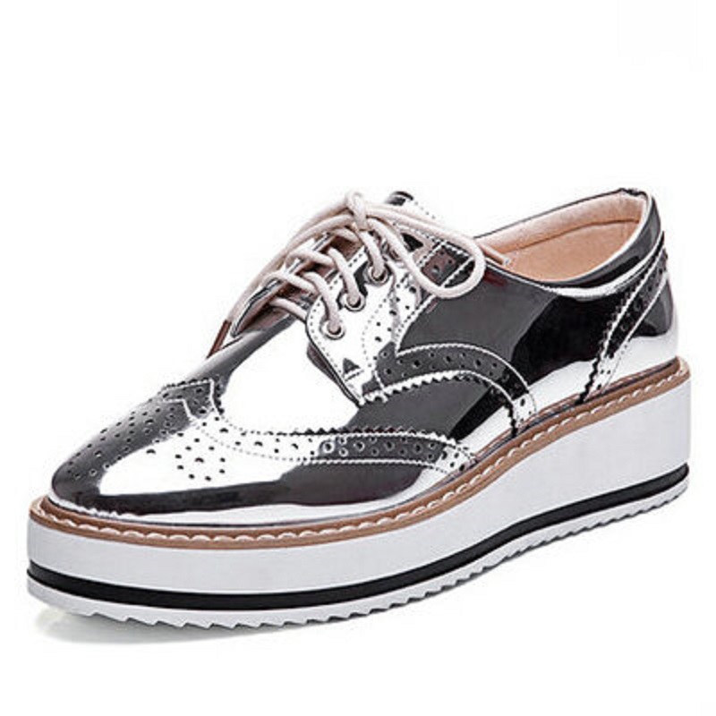 New Womens Winged Oxford Lace Up Striped Platform Metallic Silver Black Fashion Vintage Platform Bullock Flat Female Shoes