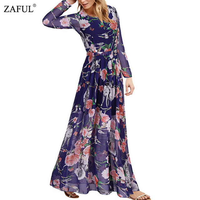 Zaful 2016 новый бренд женщин свободного покроя чешские шифон плиссированные макси платье мода сова цветочные печатный длинным Boho платья Большой размер