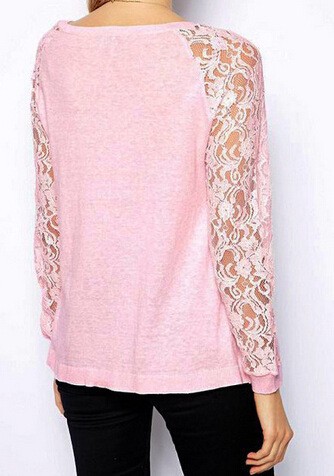 Autumn Pullover Sweatshirt Fashion O-neck Lace Patchwork Long Sleeve Pink hoodies for women Casual Sweatshirts (1)