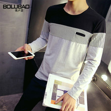 Free Shipping Fashion mens t shirts 2016 New Arrival Autumn New Spell Color Round Neck Long Sleeve Men Shirt Size M-5XL