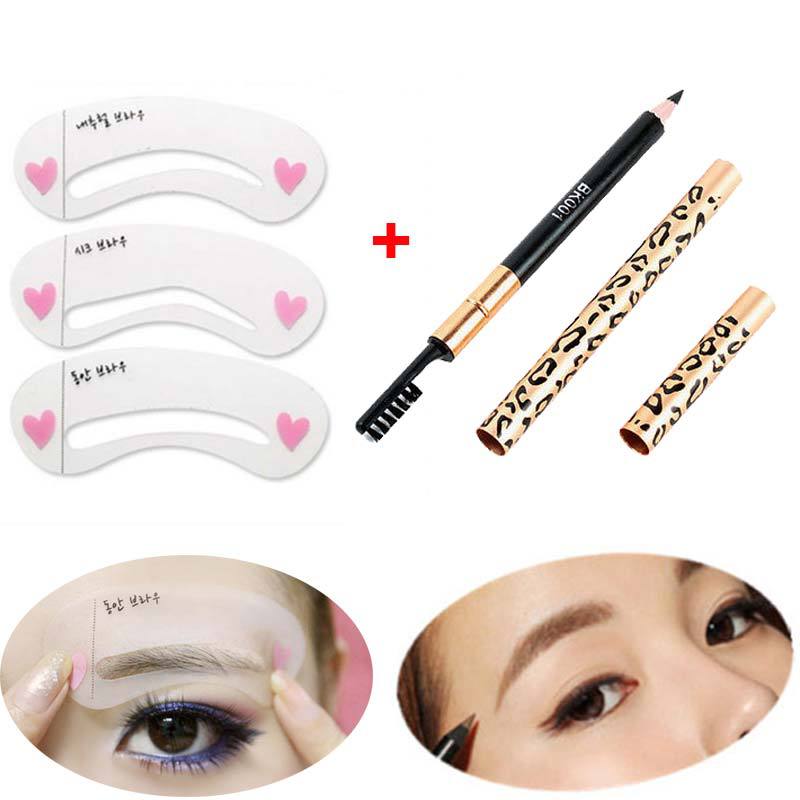 3 Eyebrow Shaping Stencils Grooming Kit Makeup Tools 1 Eye Brow Waterproof Black Brown Pencil With
