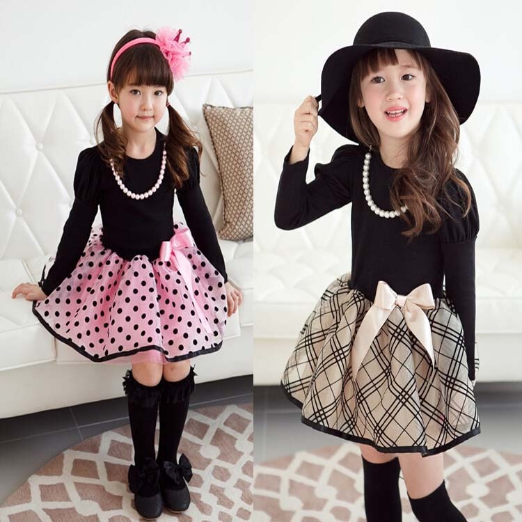 2015 new arrival Christmas Baby Girls Princess long sleeve Polka Dot Plaid Party Fancy Dress girl