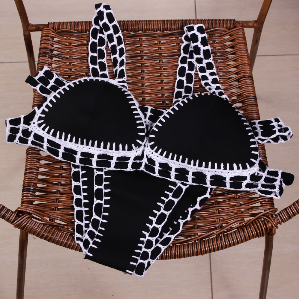 2016 Sexy Women Handmade Crochet Bikini Color Knit Suit Spell Color neoprene Swimming Trunks Swimsuit Beach Swimwear